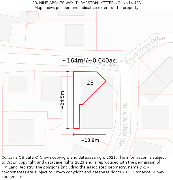 23, NINE ARCHES WAY, THRAPSTON, KETTERING, NN14 4FD: Plot and title map