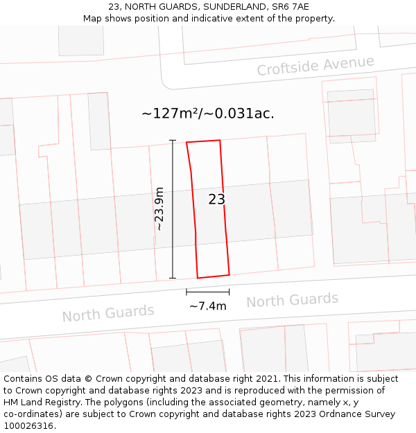 23, NORTH GUARDS, SUNDERLAND, SR6 7AE: Plot and title map