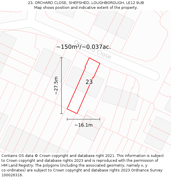 23, ORCHARD CLOSE, SHEPSHED, LOUGHBOROUGH, LE12 9UB: Plot and title map