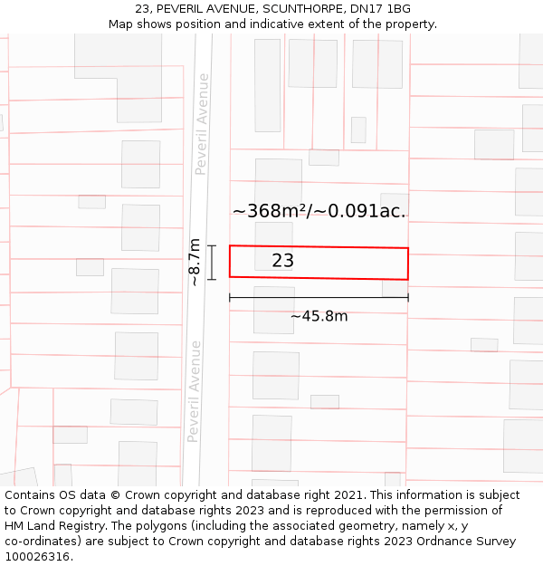 23, PEVERIL AVENUE, SCUNTHORPE, DN17 1BG: Plot and title map