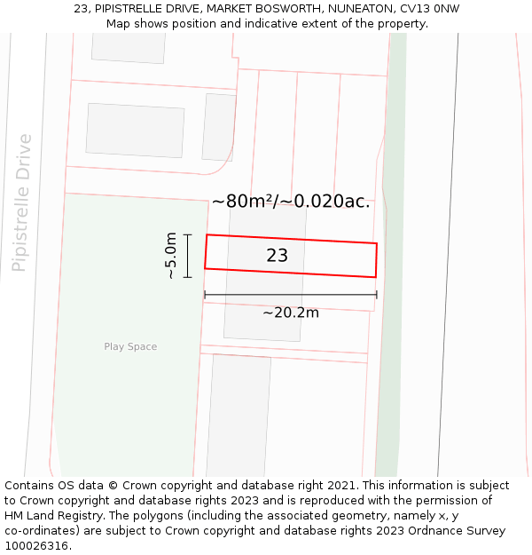 23, PIPISTRELLE DRIVE, MARKET BOSWORTH, NUNEATON, CV13 0NW: Plot and title map