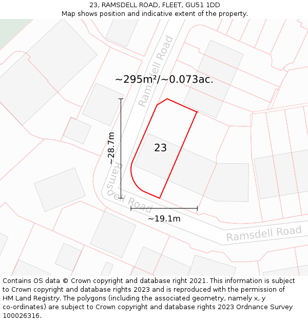 23, RAMSDELL ROAD, FLEET, GU51 1DD: Plot and title map