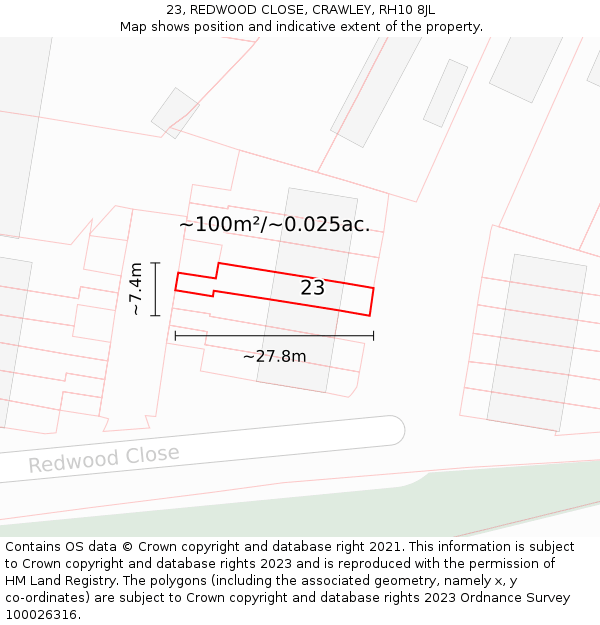 23, REDWOOD CLOSE, CRAWLEY, RH10 8JL: Plot and title map