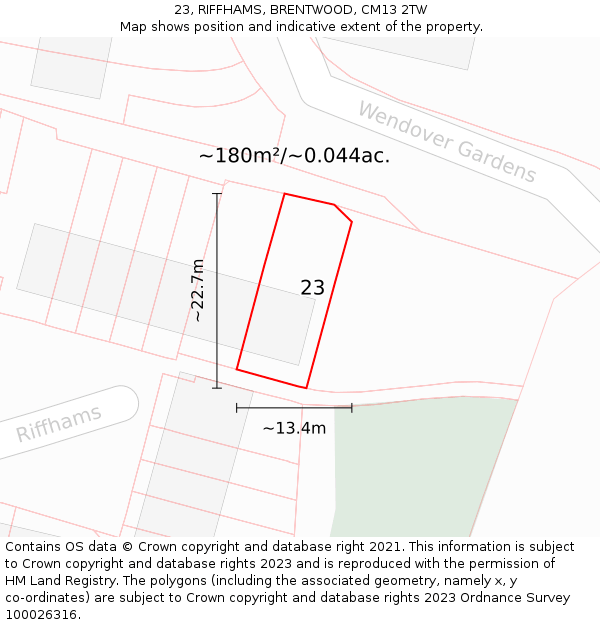 23, RIFFHAMS, BRENTWOOD, CM13 2TW: Plot and title map