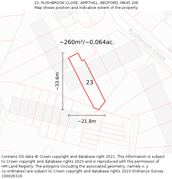 23, RUSHBROOK CLOSE, AMPTHILL, BEDFORD, MK45 2XE: Plot and title map