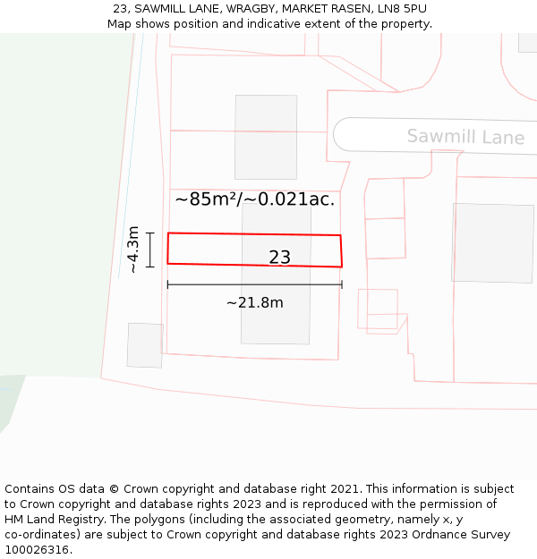23, SAWMILL LANE, WRAGBY, MARKET RASEN, LN8 5PU: Plot and title map