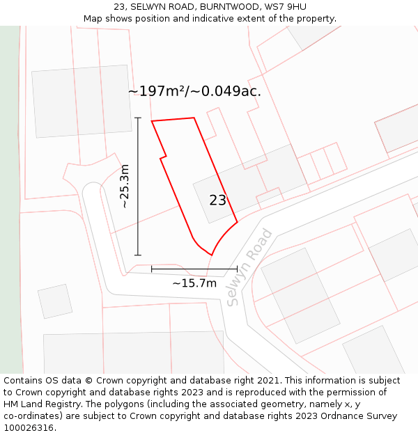 23, SELWYN ROAD, BURNTWOOD, WS7 9HU: Plot and title map