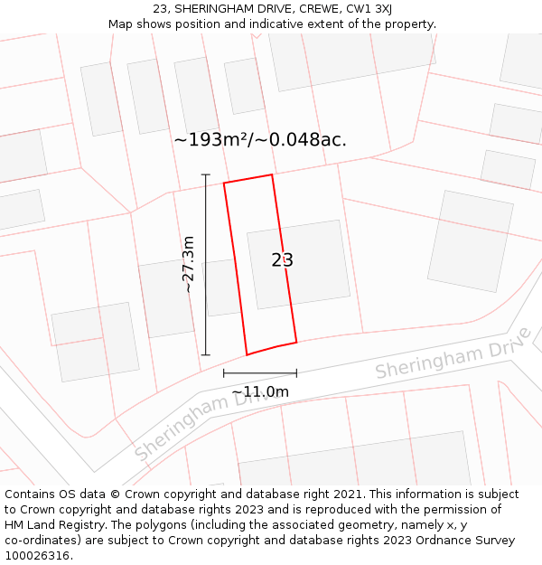 23, SHERINGHAM DRIVE, CREWE, CW1 3XJ: Plot and title map