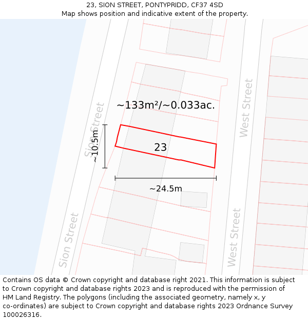 23, SION STREET, PONTYPRIDD, CF37 4SD: Plot and title map