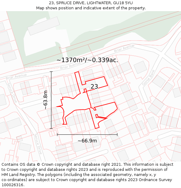 23, SPRUCE DRIVE, LIGHTWATER, GU18 5YU: Plot and title map