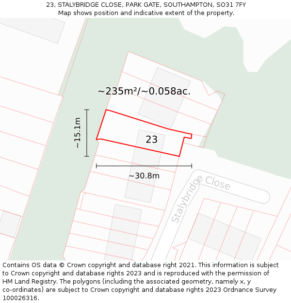 23, STALYBRIDGE CLOSE, PARK GATE, SOUTHAMPTON, SO31 7FY: Plot and title map