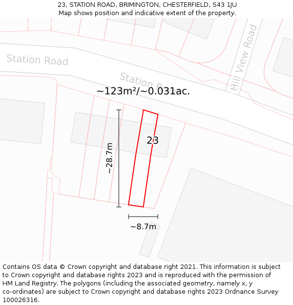 23, STATION ROAD, BRIMINGTON, CHESTERFIELD, S43 1JU: Plot and title map