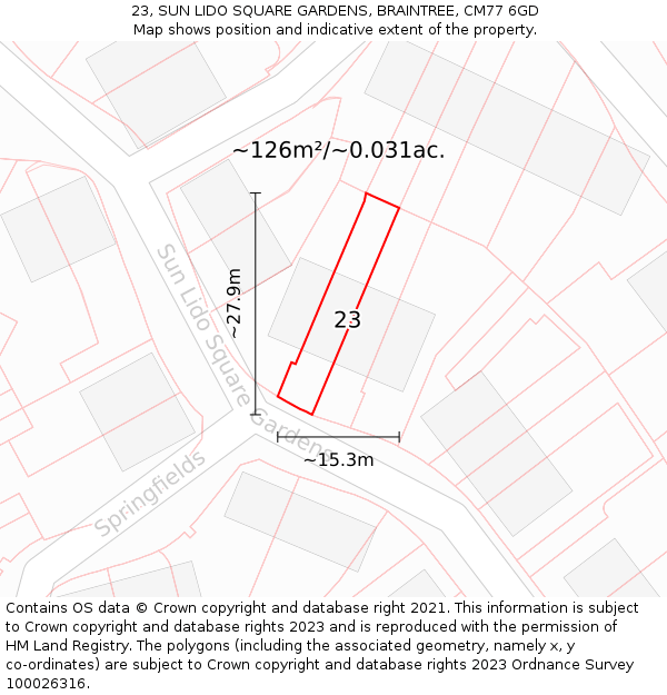 23, SUN LIDO SQUARE GARDENS, BRAINTREE, CM77 6GD: Plot and title map