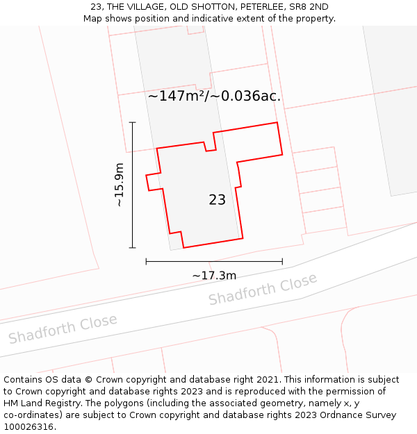 23, THE VILLAGE, OLD SHOTTON, PETERLEE, SR8 2ND: Plot and title map