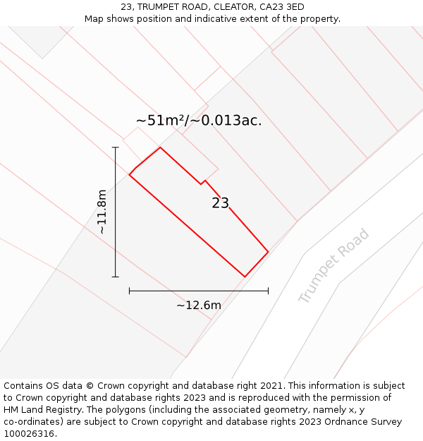 23, TRUMPET ROAD, CLEATOR, CA23 3ED: Plot and title map