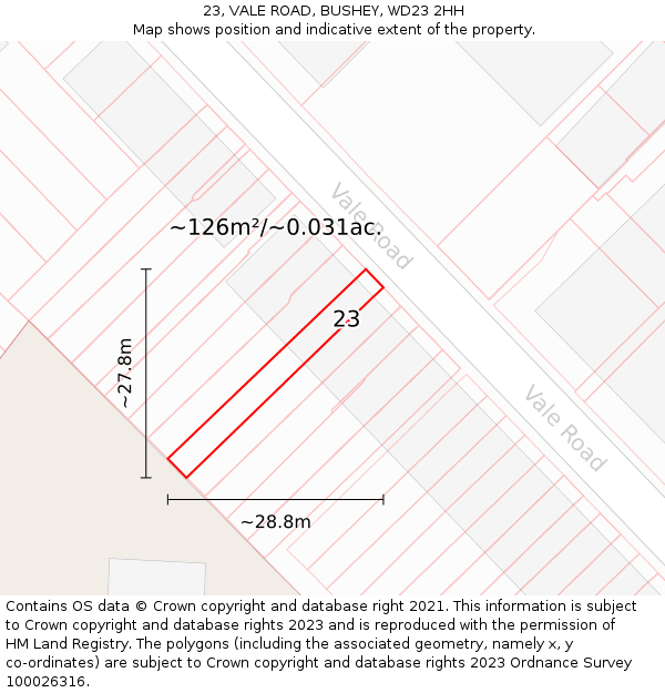 23, VALE ROAD, BUSHEY, WD23 2HH: Plot and title map