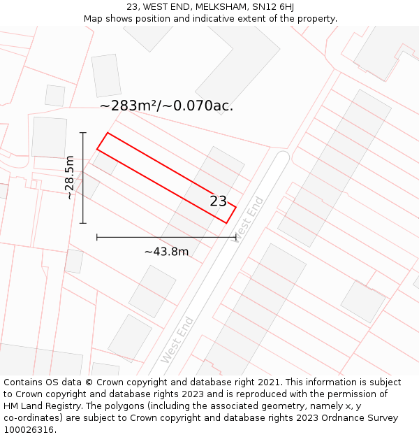 23, WEST END, MELKSHAM, SN12 6HJ: Plot and title map