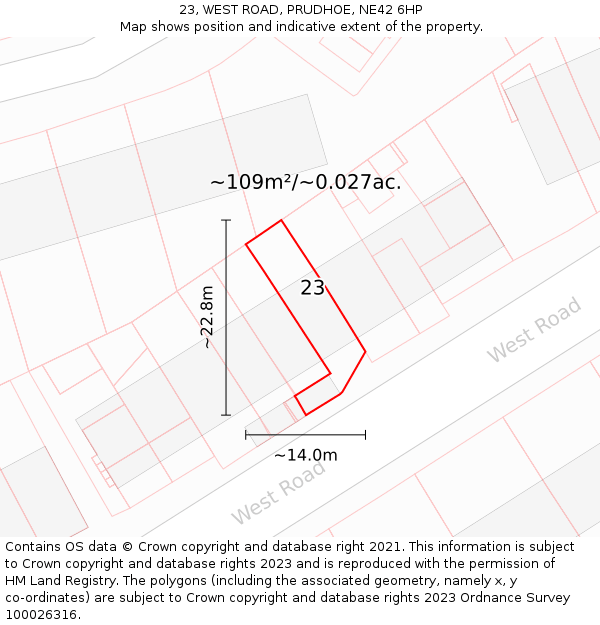 23, WEST ROAD, PRUDHOE, NE42 6HP: Plot and title map