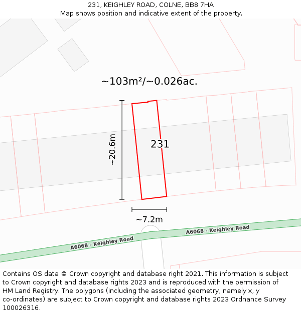 231, KEIGHLEY ROAD, COLNE, BB8 7HA: Plot and title map