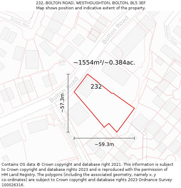 232, BOLTON ROAD, WESTHOUGHTON, BOLTON, BL5 3EF: Plot and title map