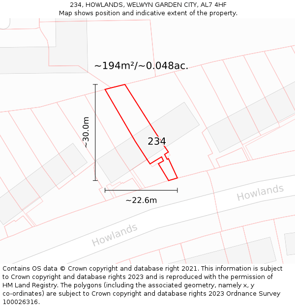 234, HOWLANDS, WELWYN GARDEN CITY, AL7 4HF: Plot and title map