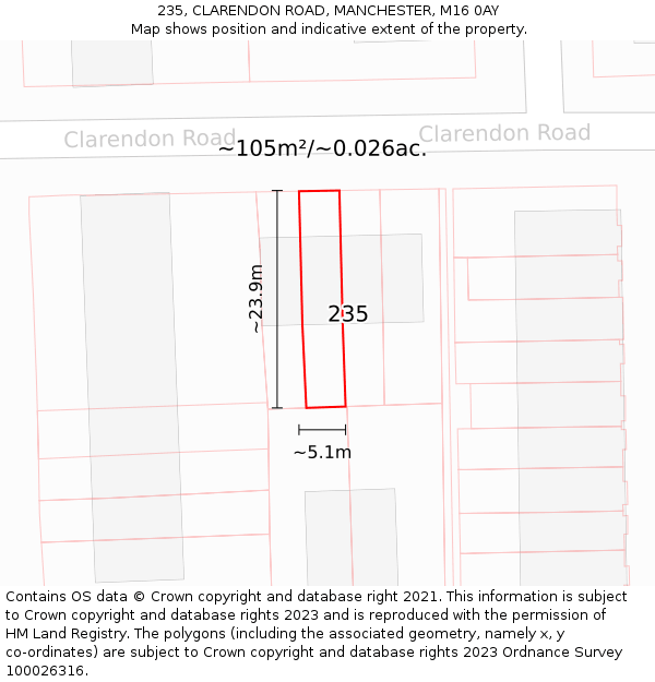 235, CLARENDON ROAD, MANCHESTER, M16 0AY: Plot and title map