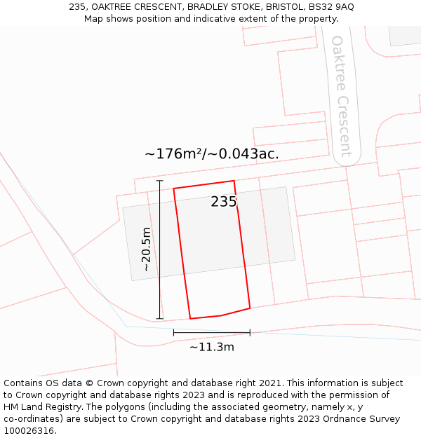235, OAKTREE CRESCENT, BRADLEY STOKE, BRISTOL, BS32 9AQ: Plot and title map