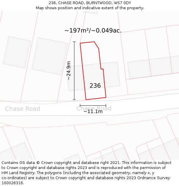 236, CHASE ROAD, BURNTWOOD, WS7 0DY: Plot and title map
