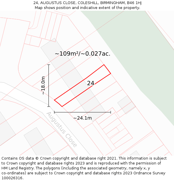 24, AUGUSTUS CLOSE, COLESHILL, BIRMINGHAM, B46 1HJ: Plot and title map