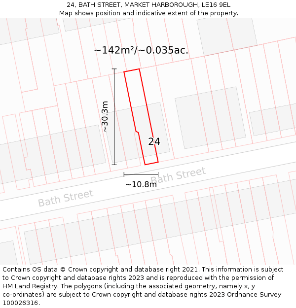 24, BATH STREET, MARKET HARBOROUGH, LE16 9EL: Plot and title map