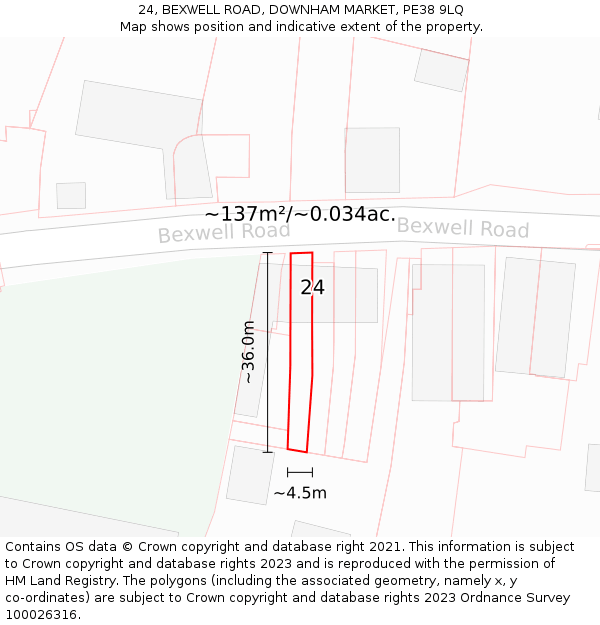 24, BEXWELL ROAD, DOWNHAM MARKET, PE38 9LQ: Plot and title map