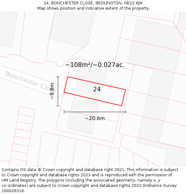 24, BONCHESTER CLOSE, BEDLINGTON, NE22 6JW: Plot and title map