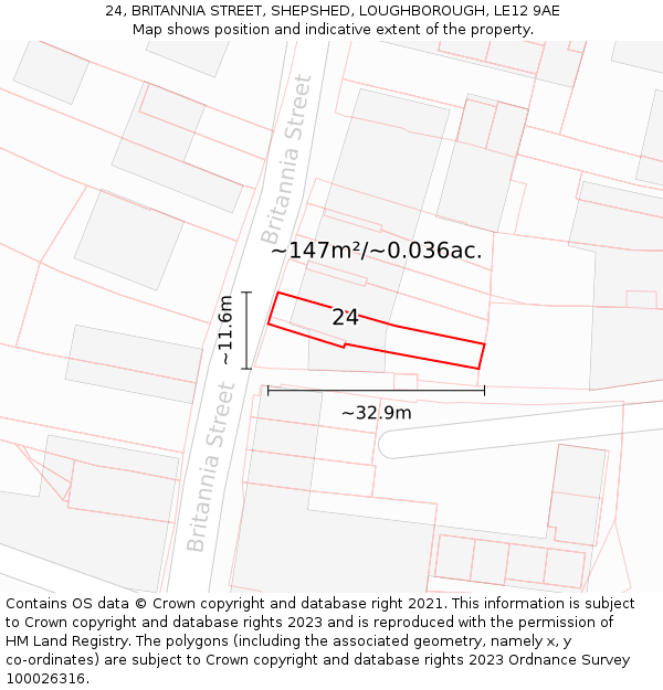 24, BRITANNIA STREET, SHEPSHED, LOUGHBOROUGH, LE12 9AE: Plot and title map