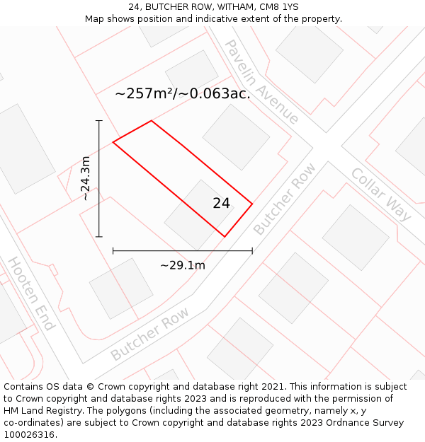 24, BUTCHER ROW, WITHAM, CM8 1YS: Plot and title map