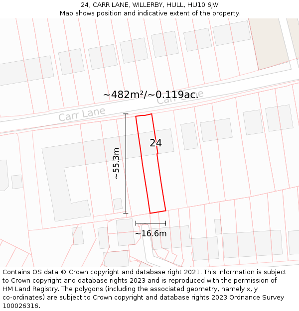 24, CARR LANE, WILLERBY, HULL, HU10 6JW: Plot and title map