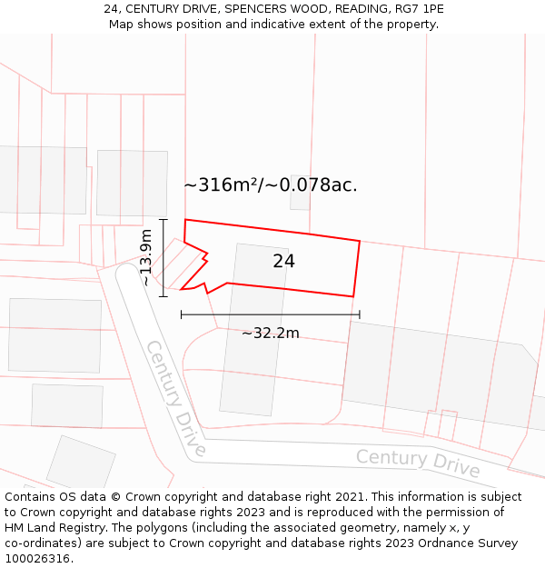 24, CENTURY DRIVE, SPENCERS WOOD, READING, RG7 1PE: Plot and title map
