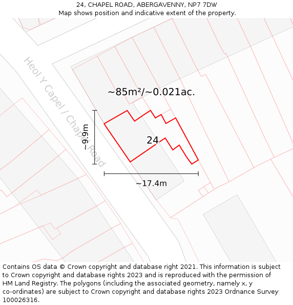 24, CHAPEL ROAD, ABERGAVENNY, NP7 7DW: Plot and title map