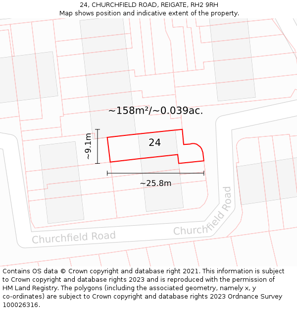 24, CHURCHFIELD ROAD, REIGATE, RH2 9RH: Plot and title map