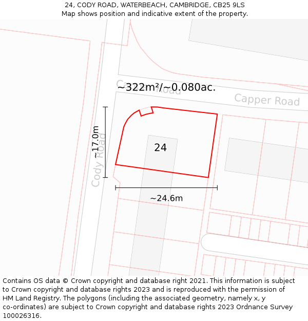 24, CODY ROAD, WATERBEACH, CAMBRIDGE, CB25 9LS: Plot and title map