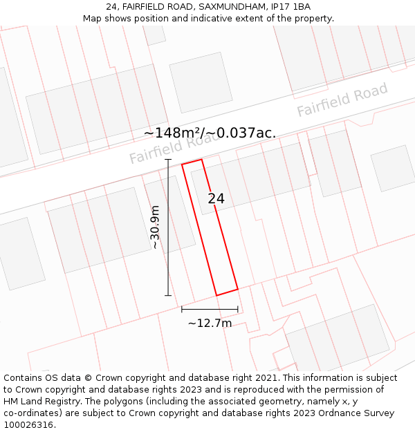 24, FAIRFIELD ROAD, SAXMUNDHAM, IP17 1BA: Plot and title map