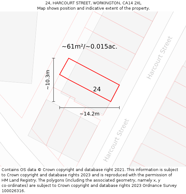 24, HARCOURT STREET, WORKINGTON, CA14 2XL: Plot and title map