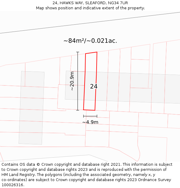 24, HAWKS WAY, SLEAFORD, NG34 7UR: Plot and title map