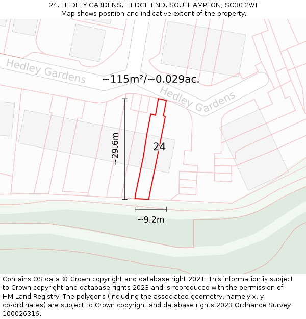 24, HEDLEY GARDENS, HEDGE END, SOUTHAMPTON, SO30 2WT: Plot and title map