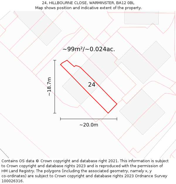 24, HILLBOURNE CLOSE, WARMINSTER, BA12 0BL: Plot and title map