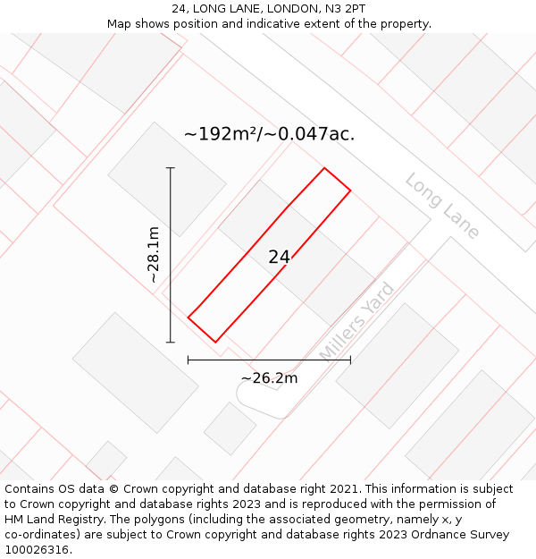 24, LONG LANE, LONDON, N3 2PT: Plot and title map