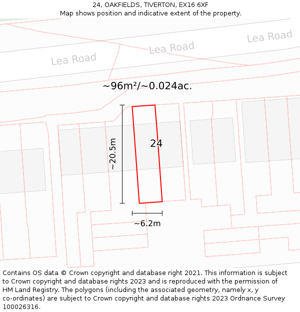 24, OAKFIELDS, TIVERTON, EX16 6XF: Plot and title map