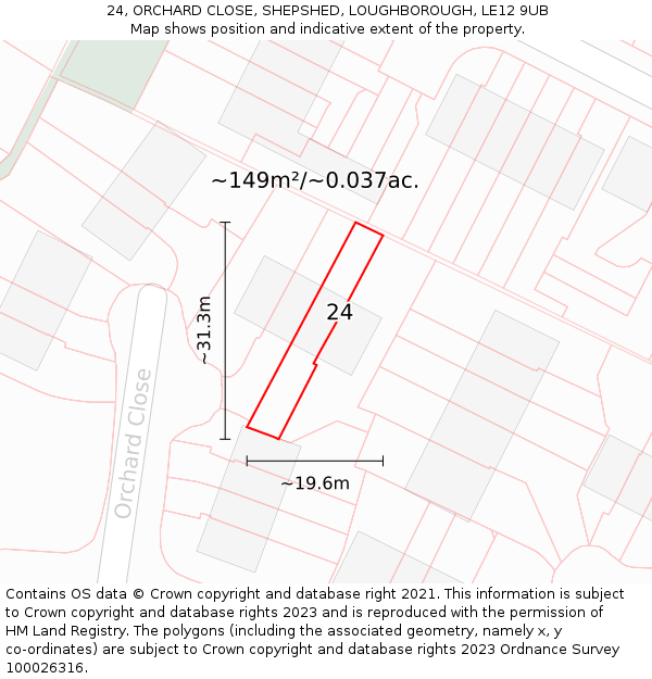 24, ORCHARD CLOSE, SHEPSHED, LOUGHBOROUGH, LE12 9UB: Plot and title map