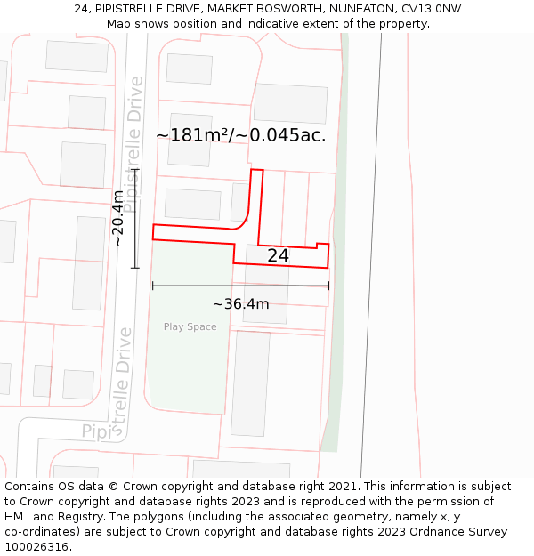 24, PIPISTRELLE DRIVE, MARKET BOSWORTH, NUNEATON, CV13 0NW: Plot and title map