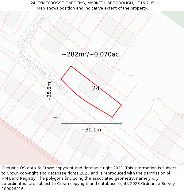 24, TYMECROSSE GARDENS, MARKET HARBOROUGH, LE16 7US: Plot and title map