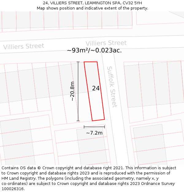 24, VILLIERS STREET, LEAMINGTON SPA, CV32 5YH: Plot and title map